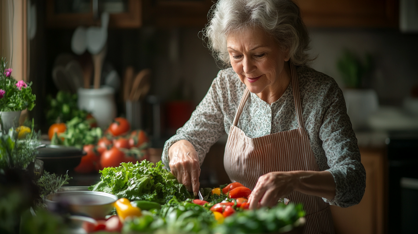 Щаслива пара старшого віку готує здорову їжу разом на кухні